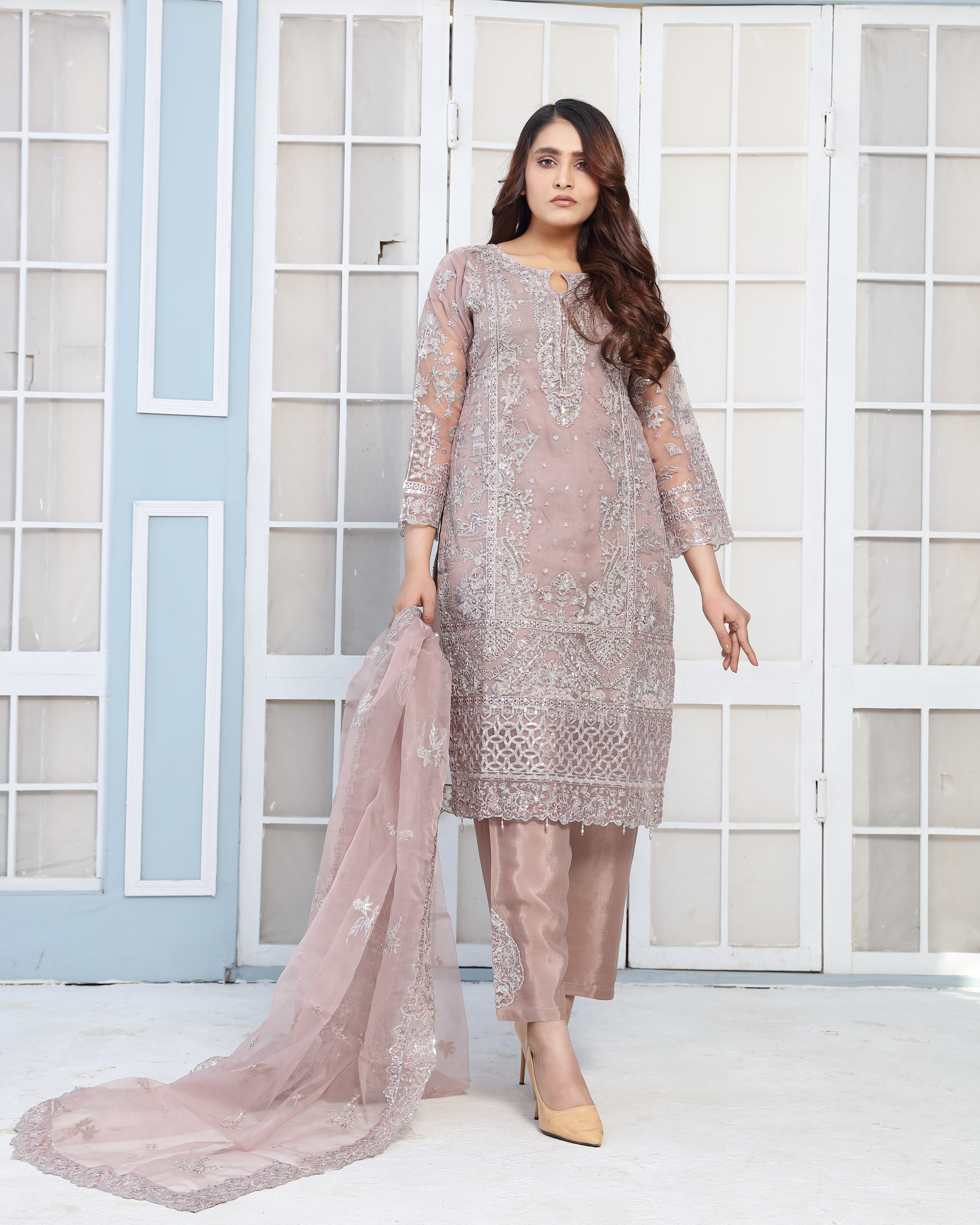 3Piece_Embroidered Organza Shirt | 1388-SN-ORZ