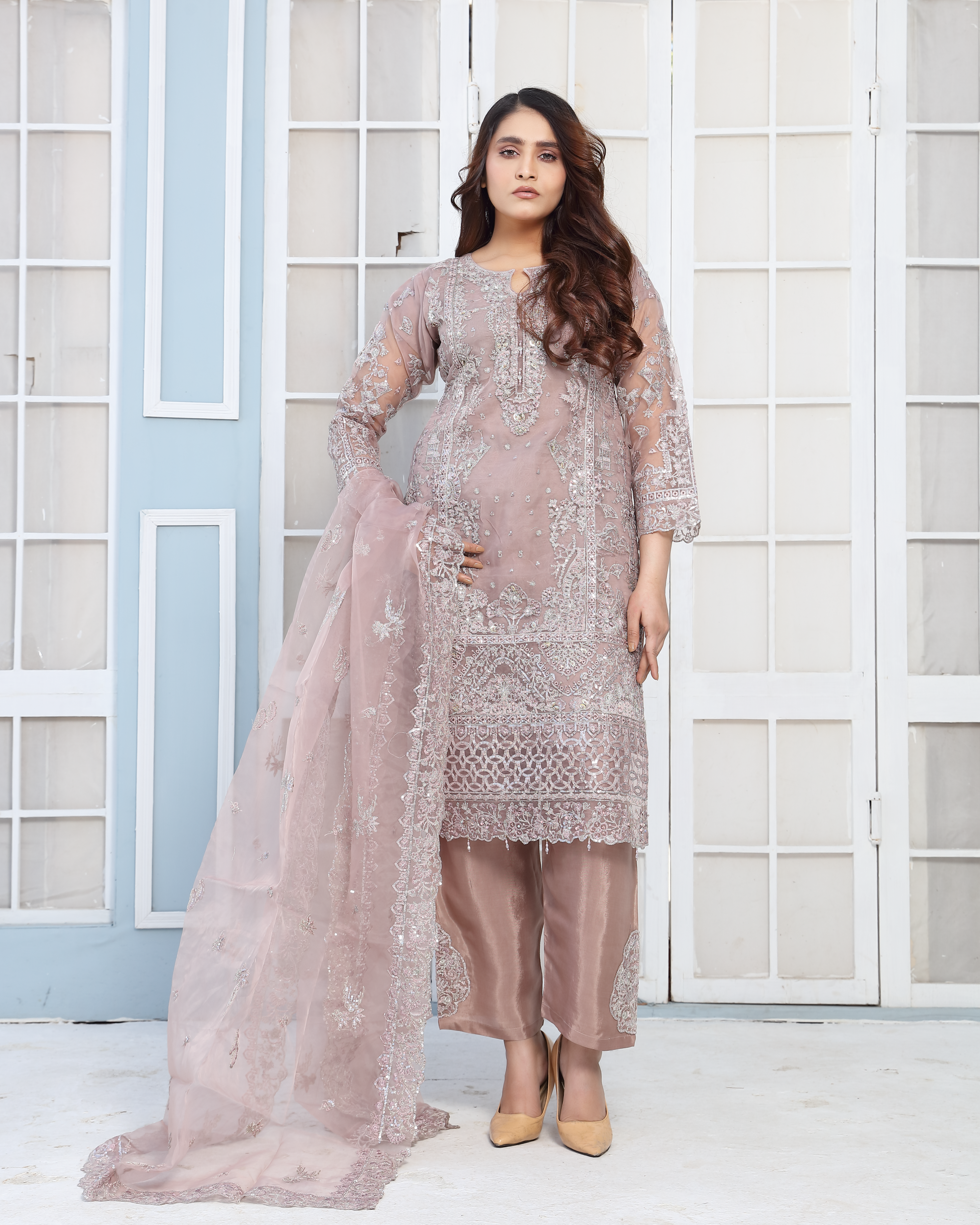 3Piece_Embroidered Organza Shirt | 1388-SN-ORZ